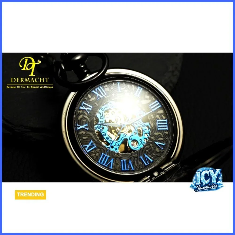 Skeleton Mechanical Pocket Watch Roman Numerals Dial with Chain